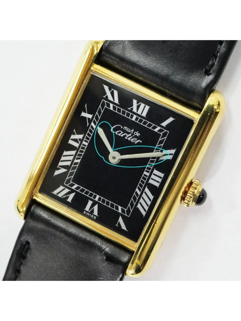 Cartier Must Tank LM Black Dial 925 Leather Vintage Manual Wind Watch